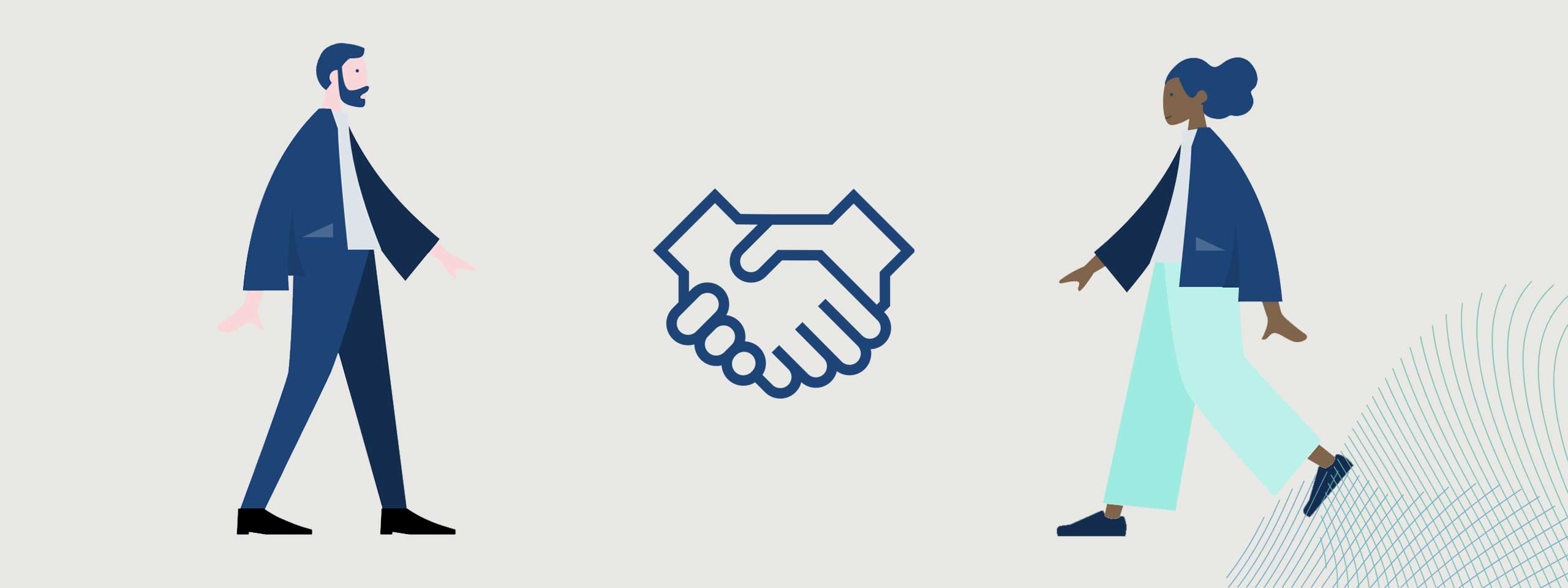 Deux figures illustrées s'approchent l'une de l'autre, avec un symbole de poignée de main au centre, représentant la collaboration et l'accord.