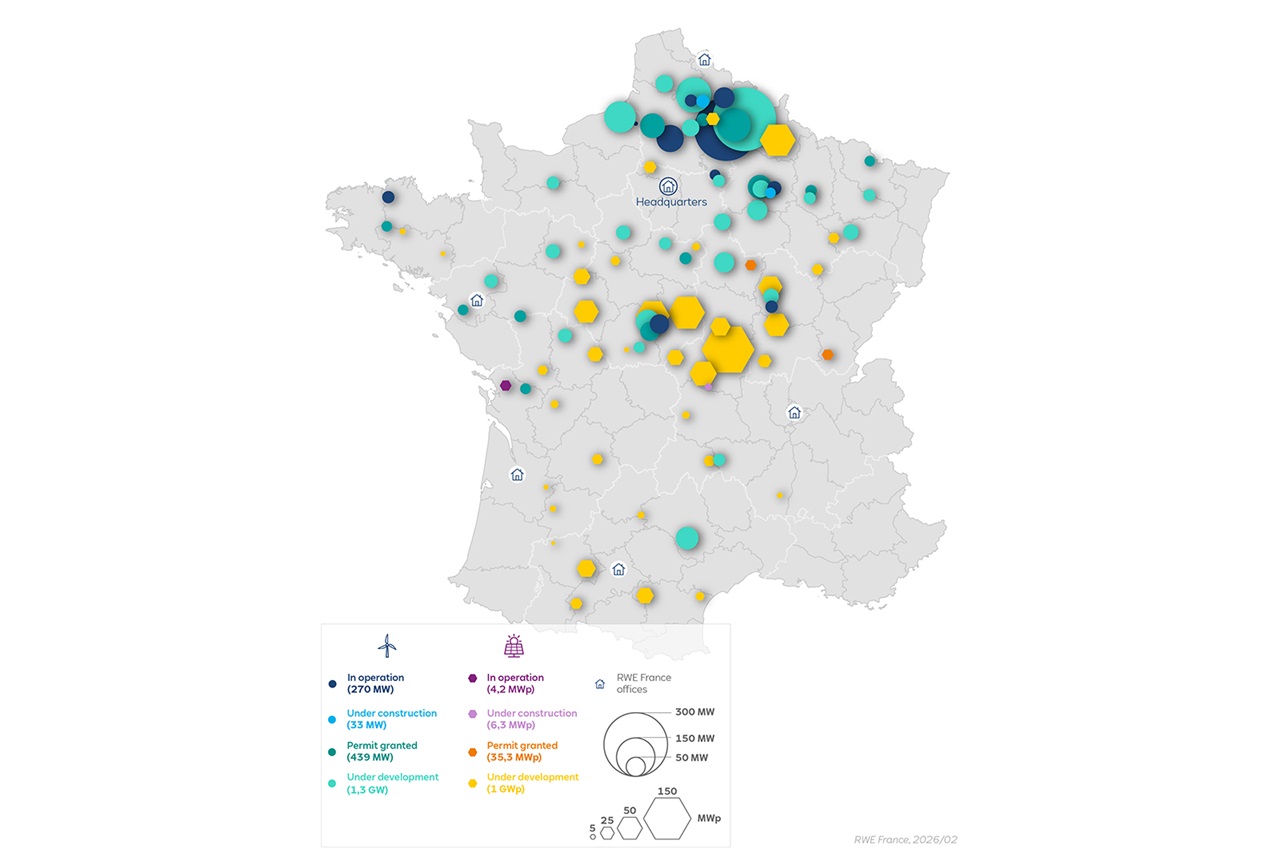 A map of France showing wind energy projects. Different symbols indicate operational, permitted, and developing projects.