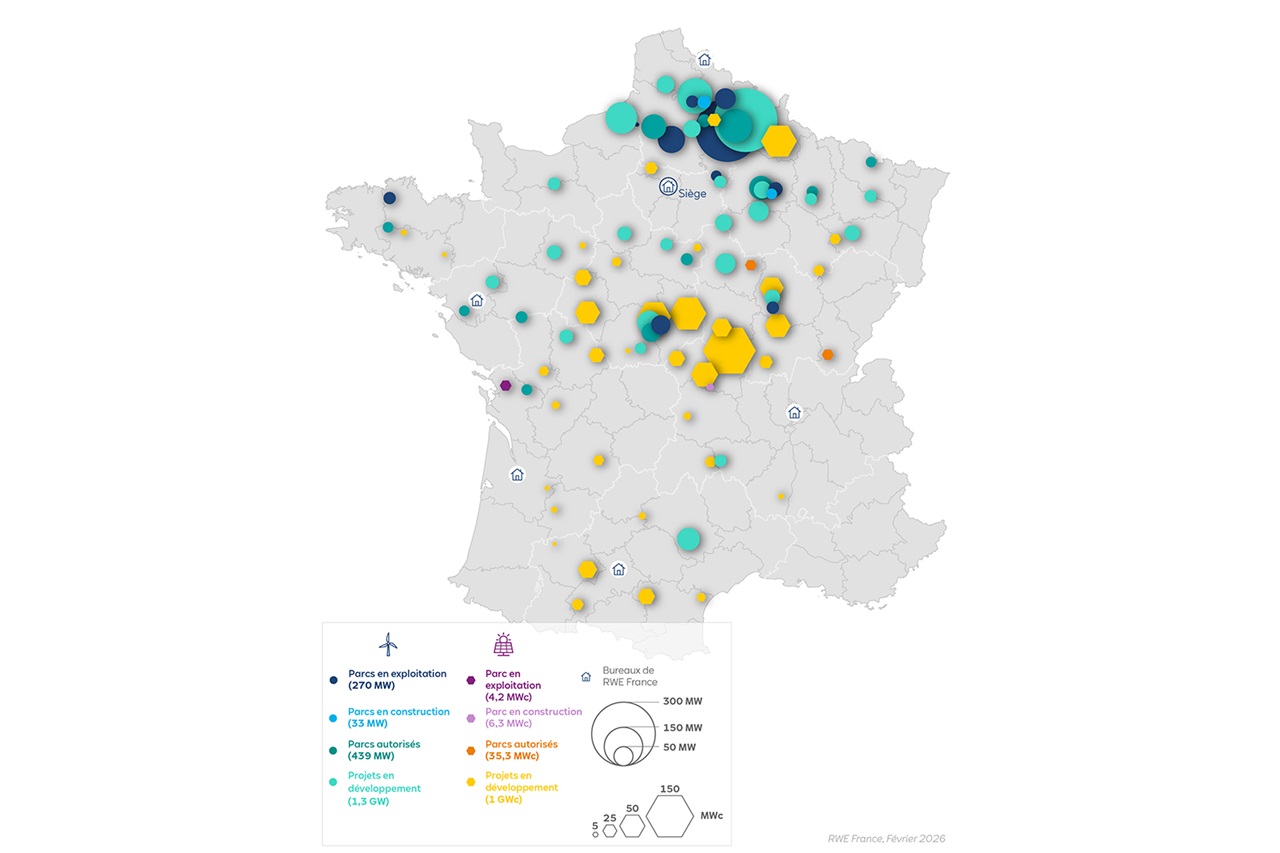 Une carte de la France montrant divers parcs énergétiques, projets et sites de développement avec différents symboles et codes de couleur.