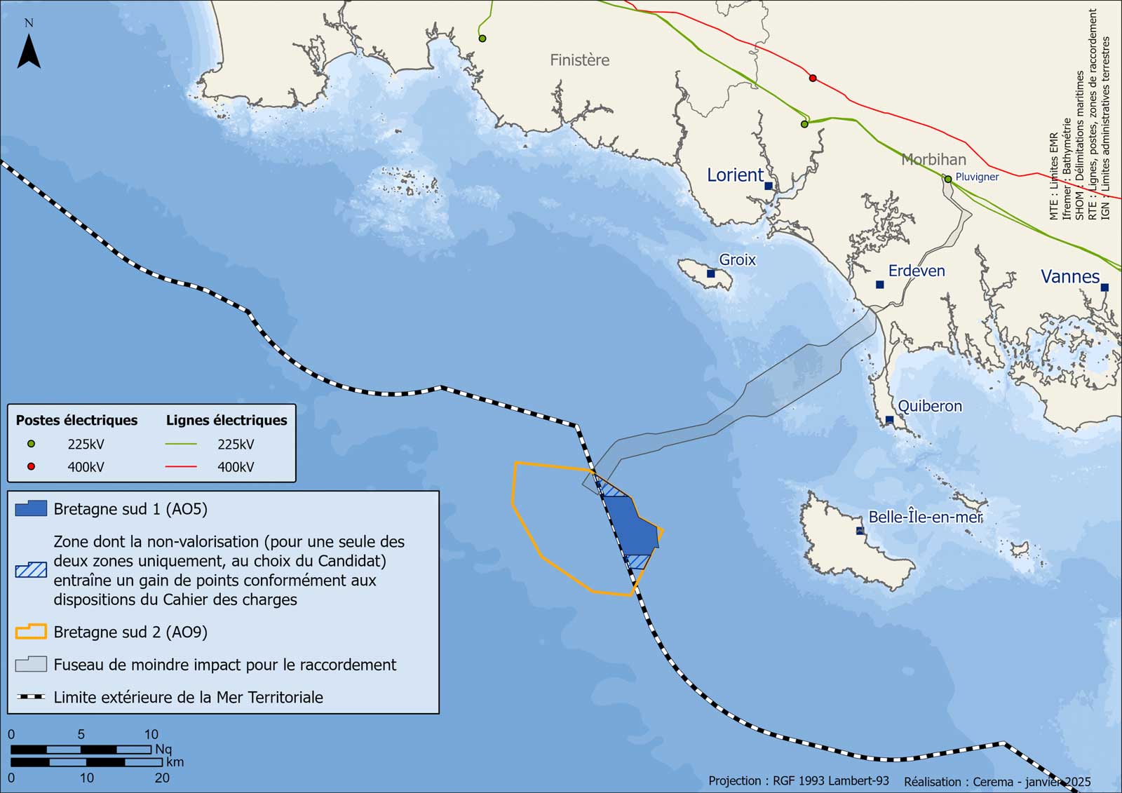 A detailed map of southern Brittany, highlighting electrical substations and lines, along with marine territorial limits.