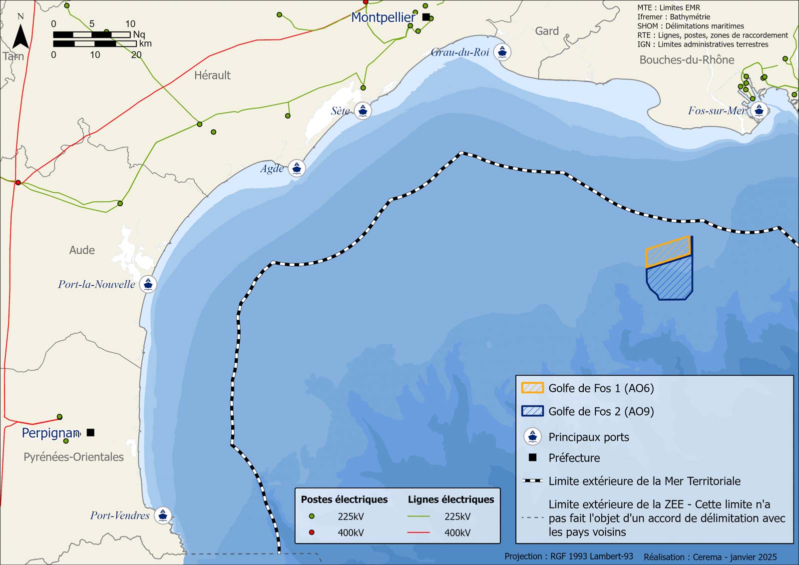 Une carte détaillée montrant le golfe de Fos, les postes électriques et des villes côtières comme Montpellier et Perpignan.