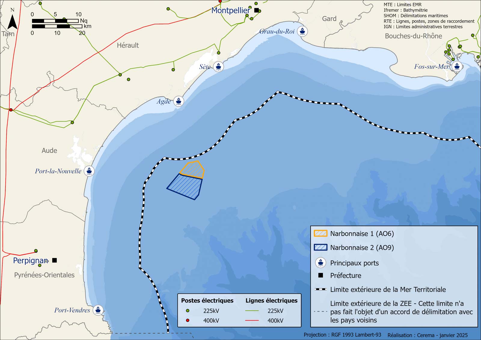 Une carte montrant les postes et lignes électriques, les délimitations maritimes et les ports principaux près de Montpellier et Perpignan.