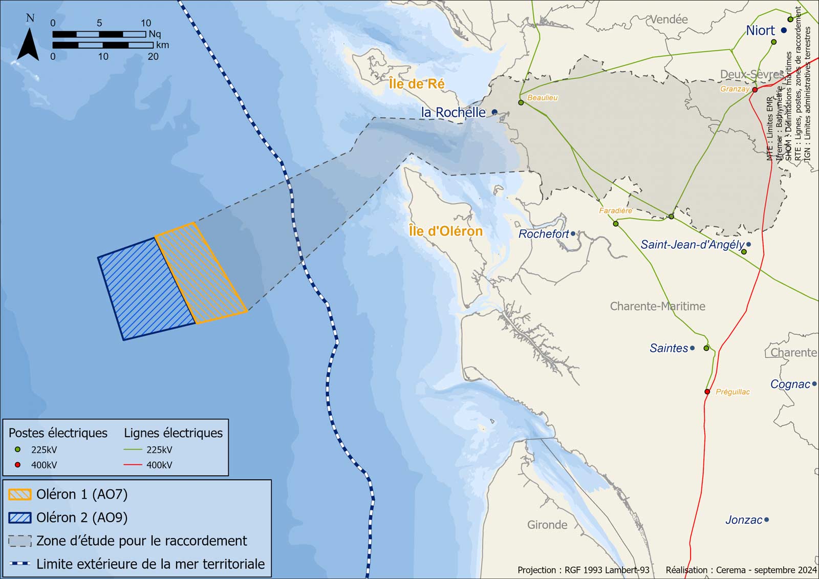 Une carte montrant les zones des postes électriques et des lignes près de l'Île d'Oléron et de l'Île de Ré en France.
