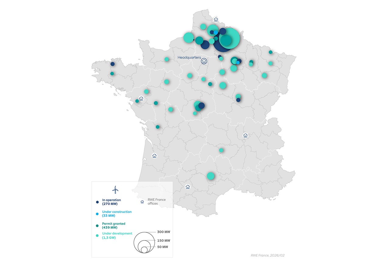Map of France showing wind energy projects. Circles indicate operational, permitted, and developing projects with varying sizes.