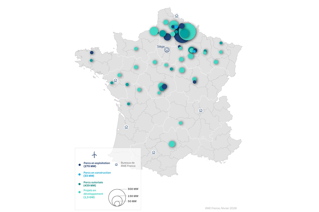 Une carte de la France montrant les parcs éoliens, avec des tailles variées indiquant la capacité en mégawatts.