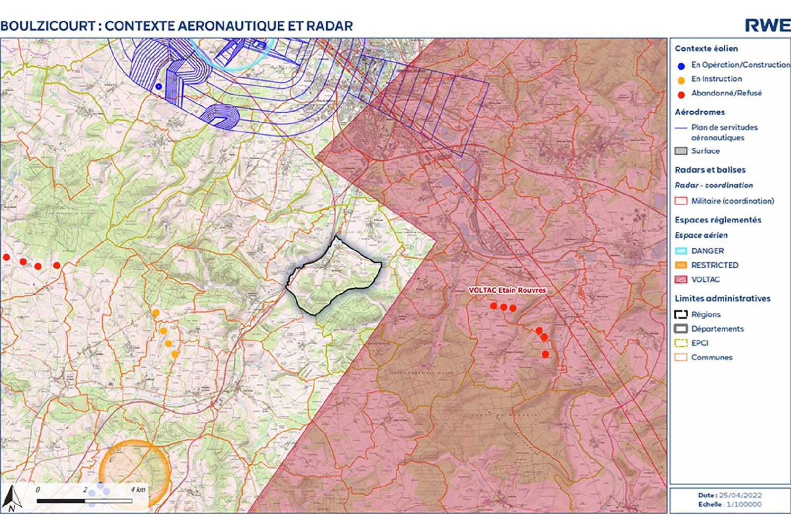 A detailed map of Boulzicourt showing aeronautical and radar contexts with highlighted areas and administrative boundaries.