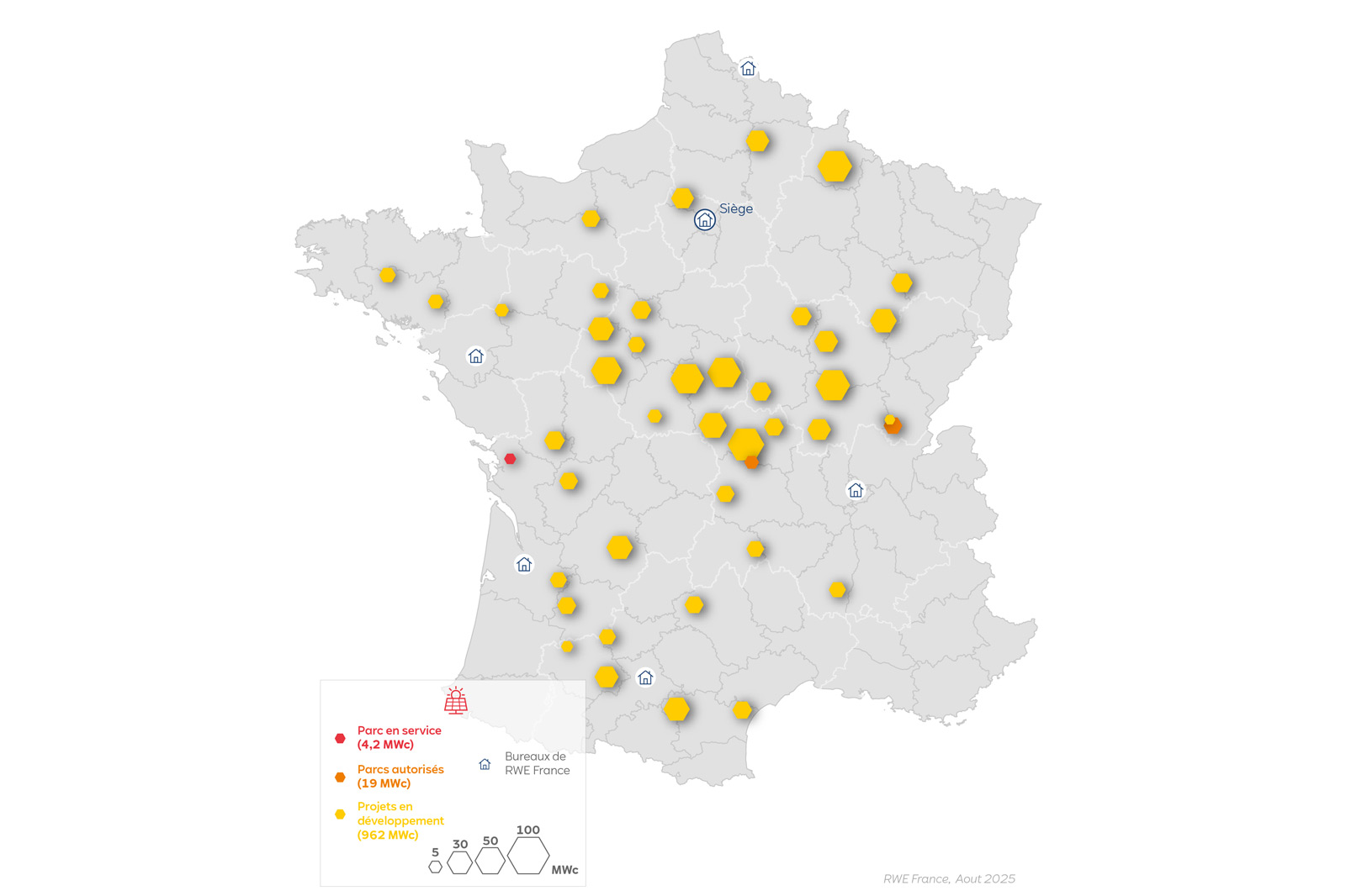 Carte de France montrant les projets d'énergie renouvelable, y compris les phases de construction, autorisées et en développement.