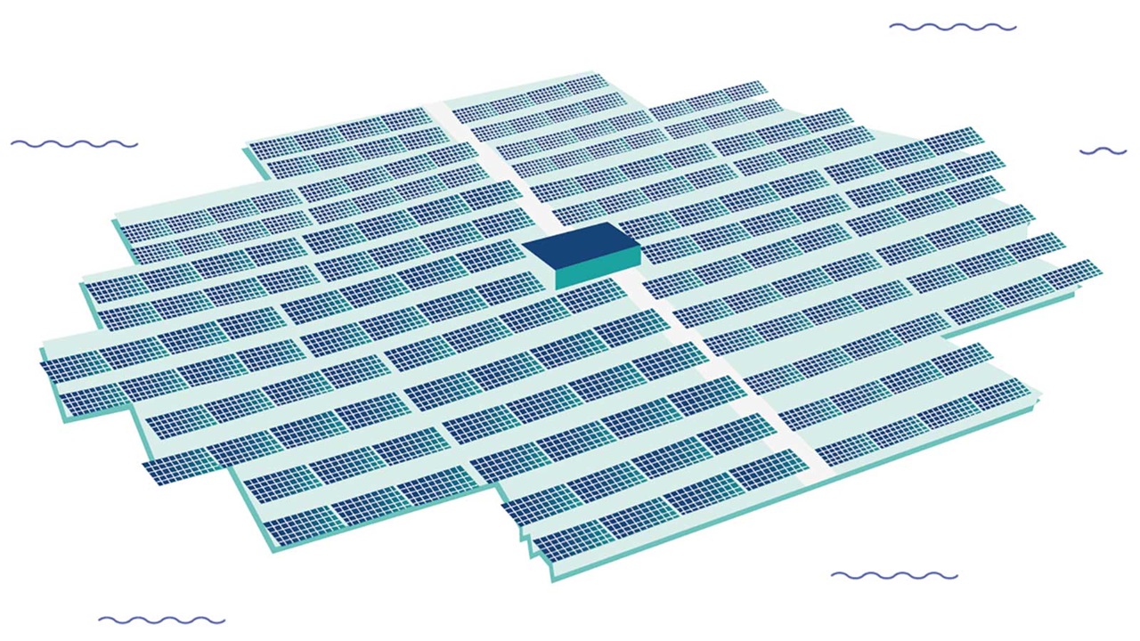 A stylized illustration of a field of solar panels arranged in a geometric pattern with a central block.
