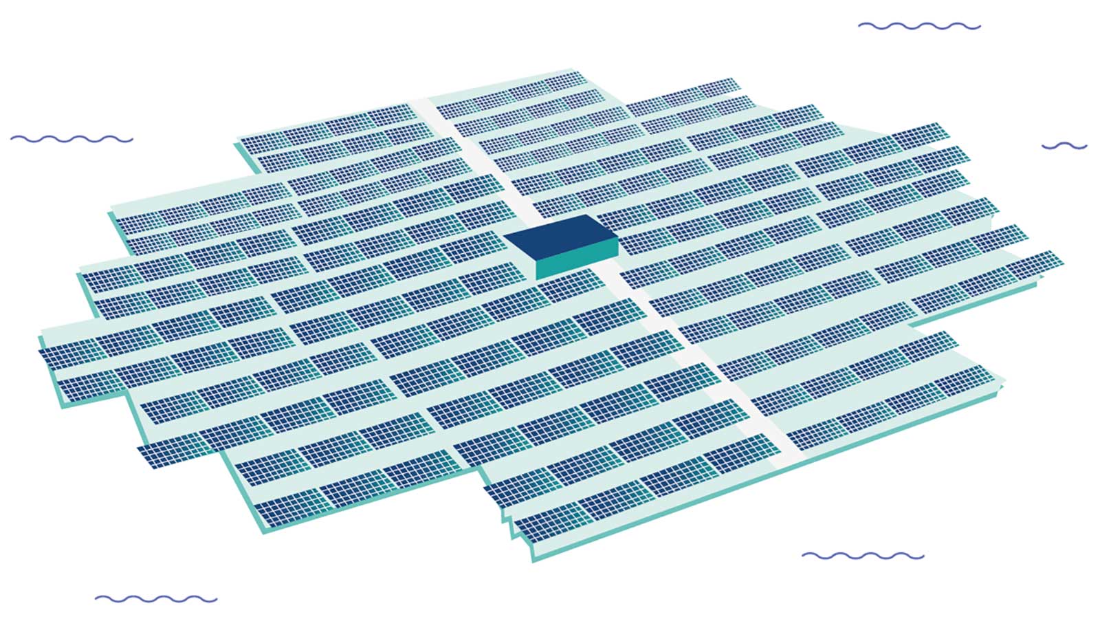 Une illustration stylisée d'un champ de panneaux solaires disposés en motif géométrique avec un bloc central.