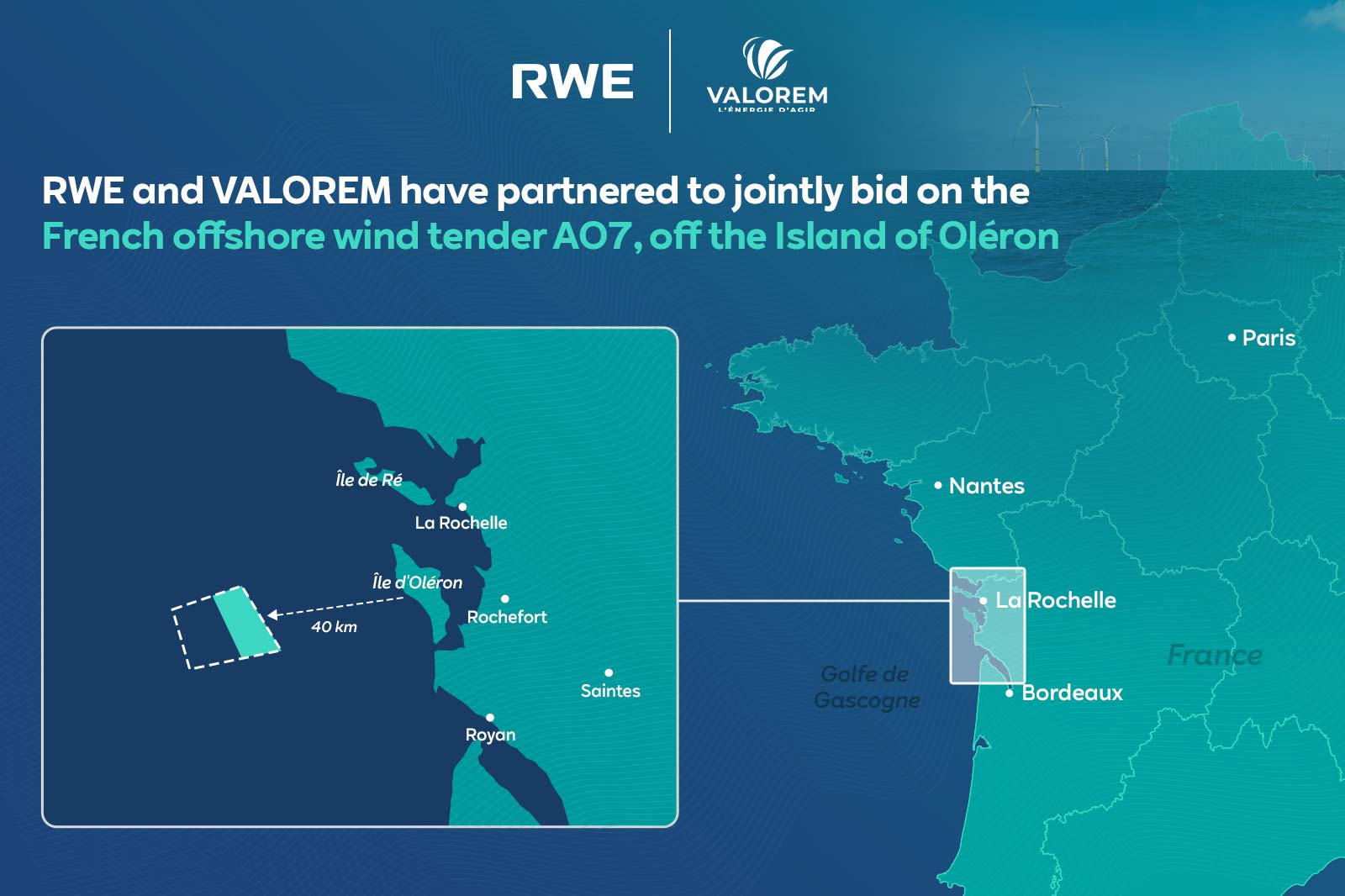 Map showing RWE and VALOREM's partnership for the French offshore wind tender AO7 near Île d'Oléron. Key locations are highlighted.