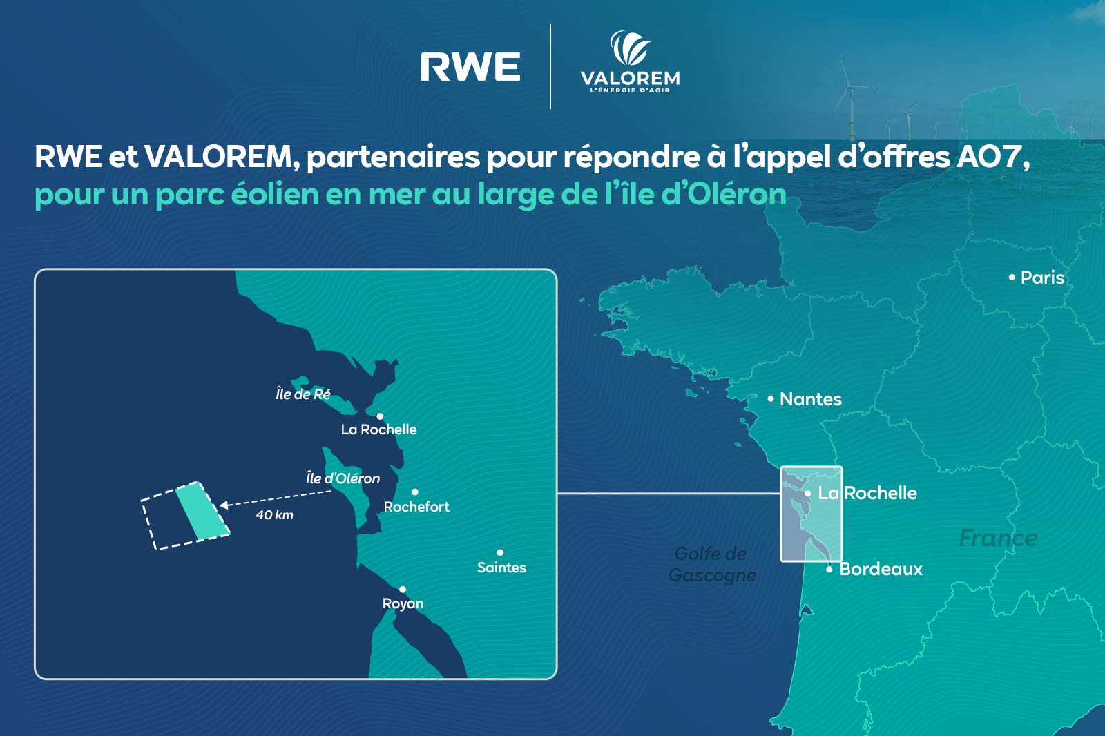 Carte de l'emplacement d'un parc éolien au large de l'île d'Oléron, avec des villes et un cadre maritime.
