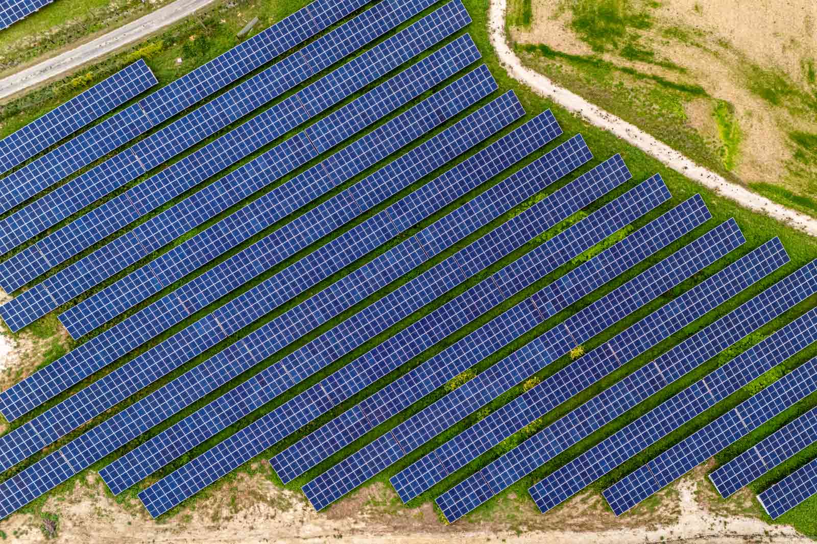 Aerial view of a solar panel farm with rows of blue solar panels on green grass, surrounded by pathways.