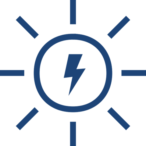 Un logo circulaire avec un éclair au centre, entouré de formes géométriques dans des nuances de bleu et de vert.