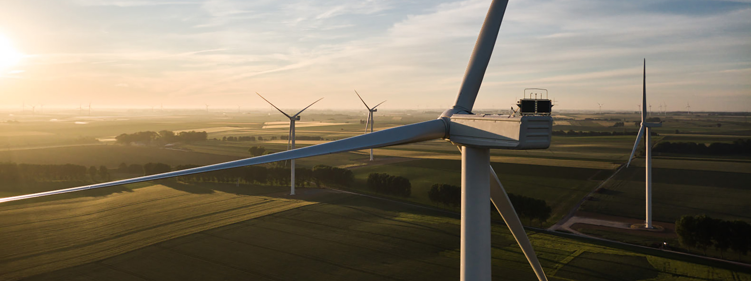 Une vue aérienne de turbines éoliennes dans un vaste paysage verdoyant sous un ciel dégagé au lever du soleil.