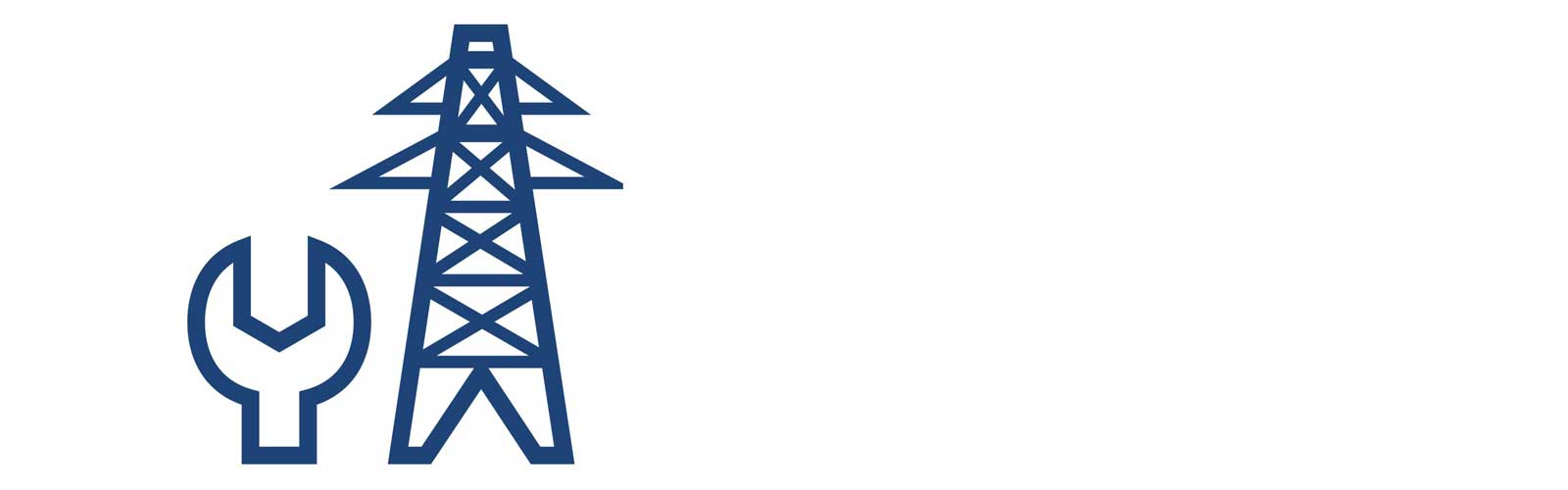 A blue electricity pylon is next to a blue wrench on a white background.