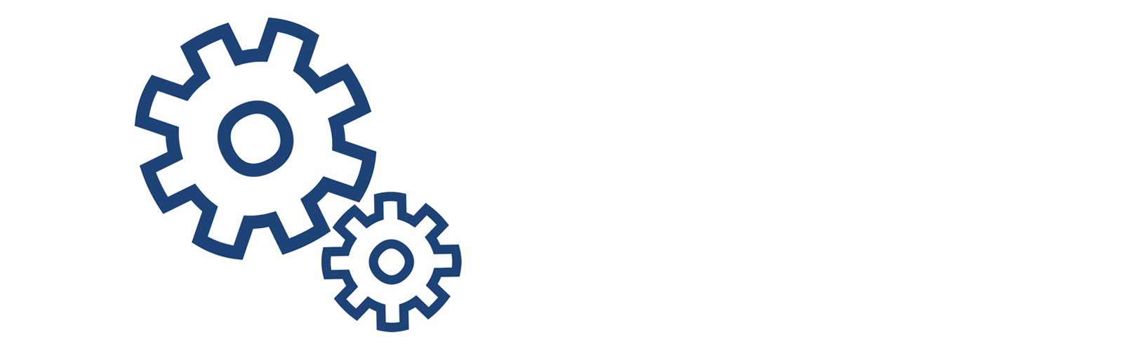 Two interlocking gears in blue on a white background.