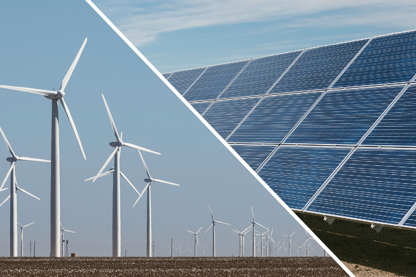 L'image montre des éoliennes à gauche et des panneaux solaires à droite, réfléchissant la lumière du soleil sous un ciel bleu.