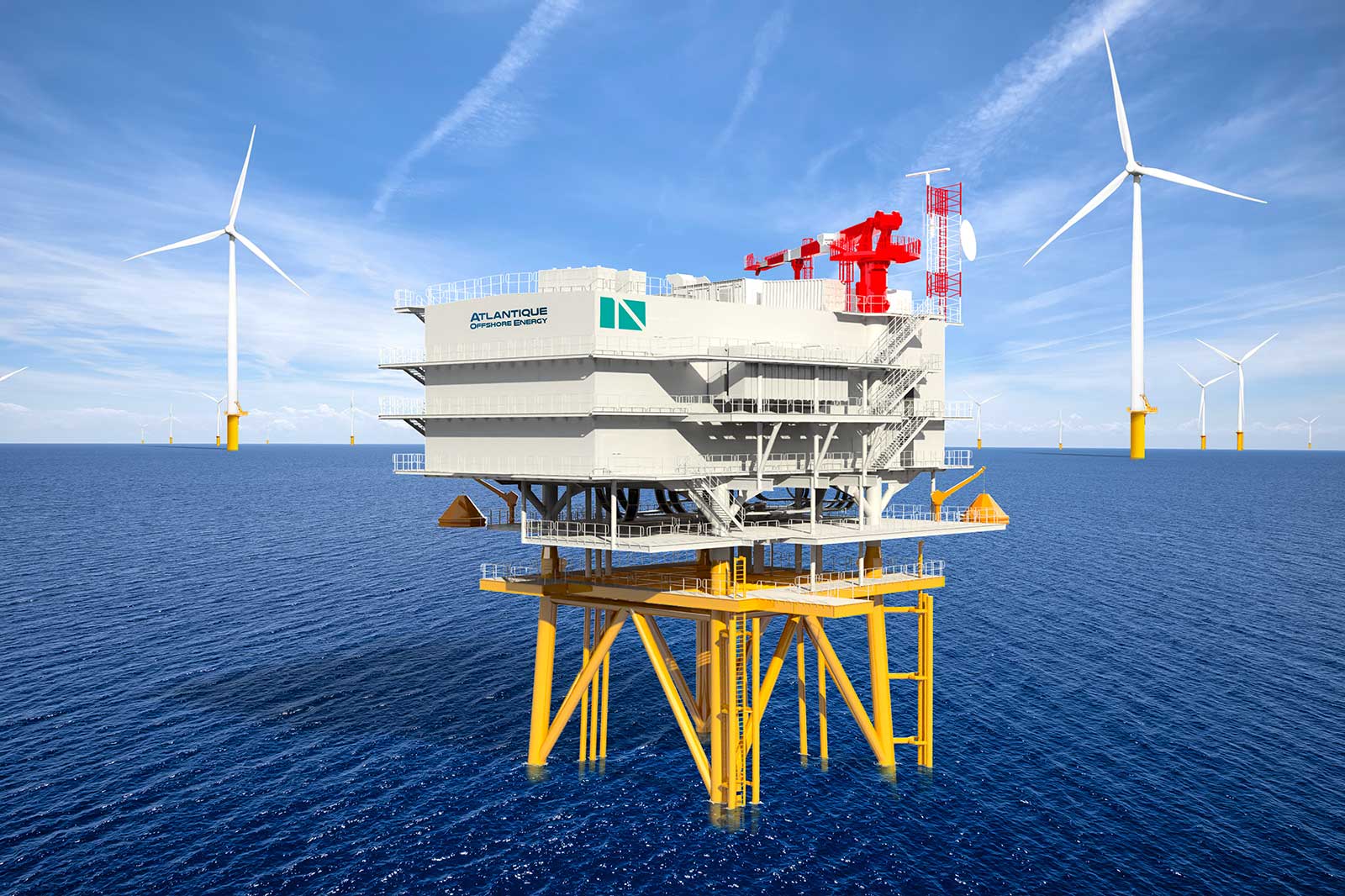 Une grande plateforme d'énergie offshore dans la mer, entourée d'éoliennes sous un ciel bleu.