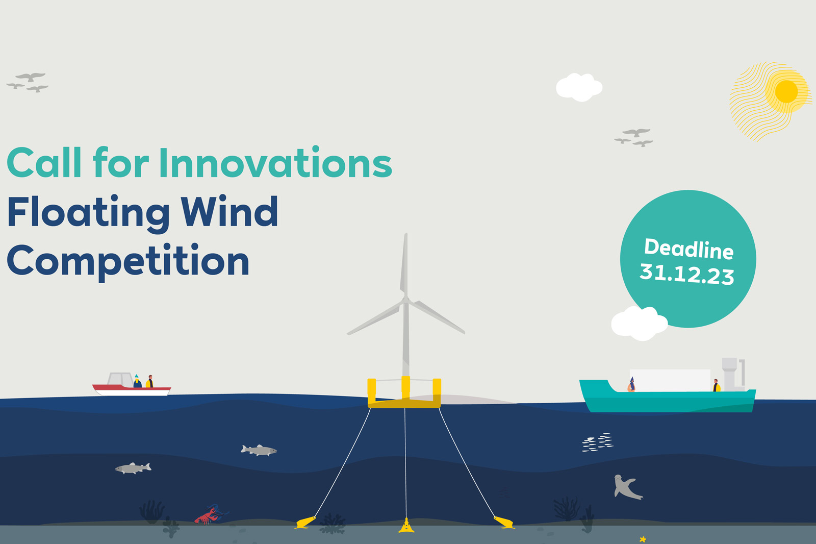 An illustration promoting a Floating Wind Competition with a wind turbine, boats, fish, and a deadline of 31.12.23.