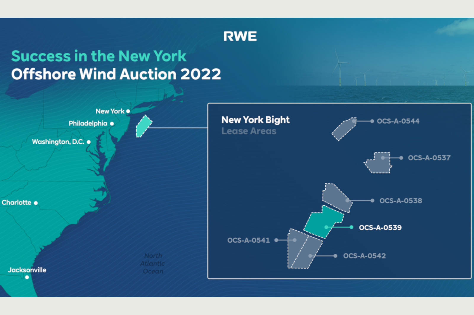 Map of Lease Areas for offshore wind projects in the New York Bight, alongside major cities in the Northeastern USA.